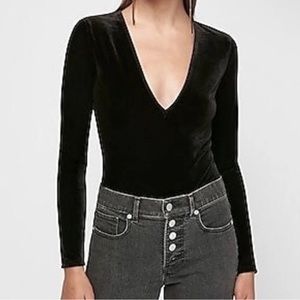 Express Black Velvet Deep V-Neck Long Sleeve Thong Bodysuit, Size XS